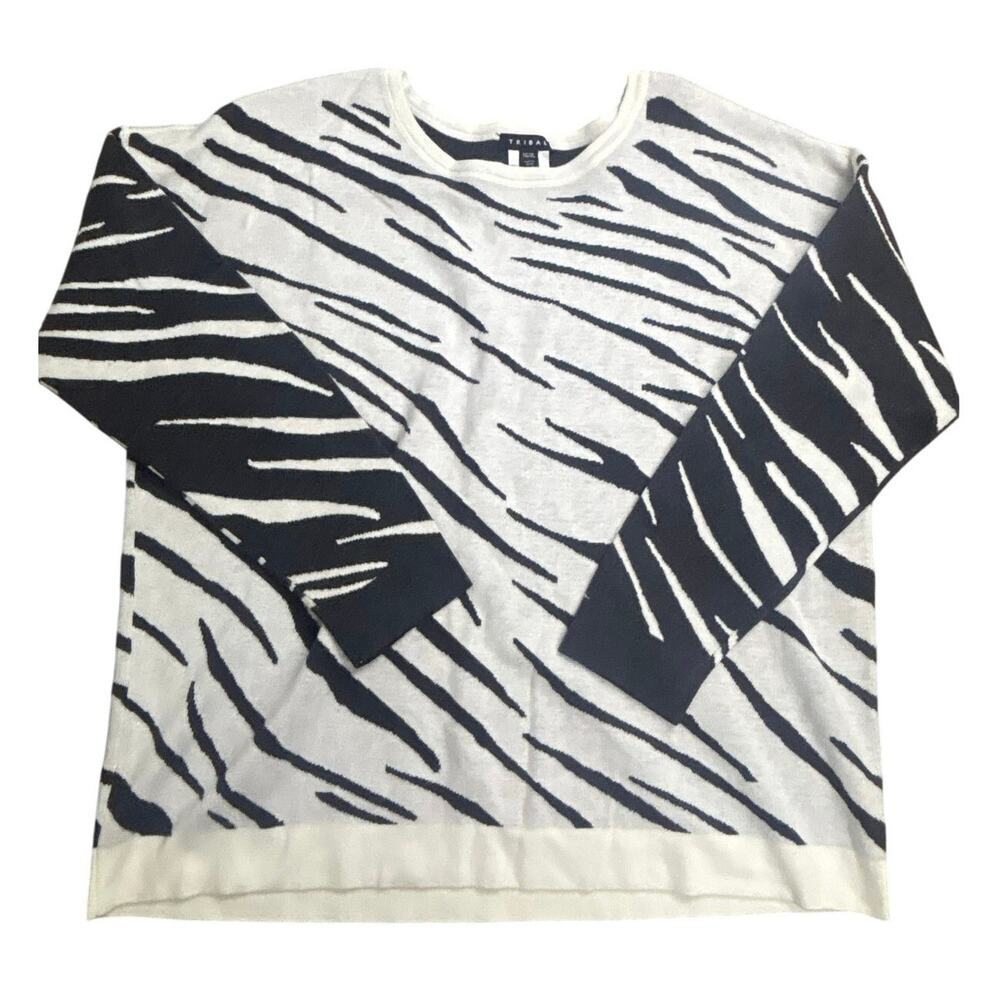 Tribal Women’s Size Large Sweater Zebra Stripe Black White 100% Cotton Knit